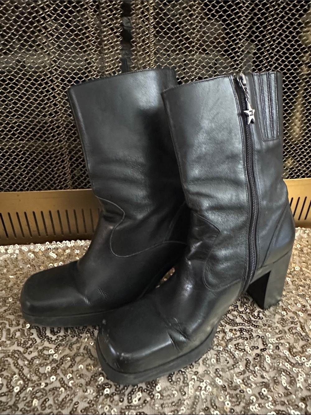 Tommy Hilfiger Black Leather Platform Mid-Calf Boots
